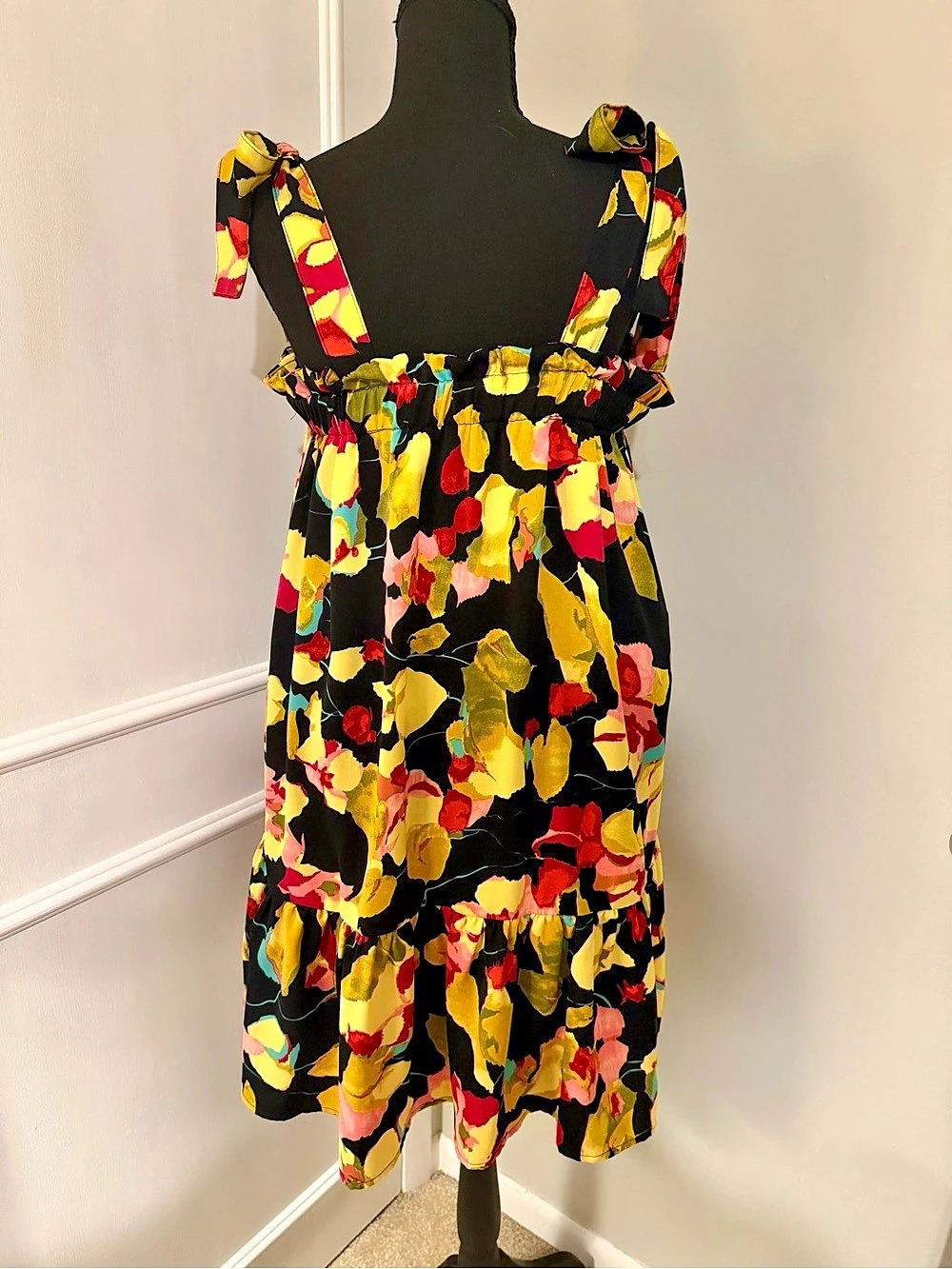 Floral Mini Sun Dress in Black & Yellow Like New